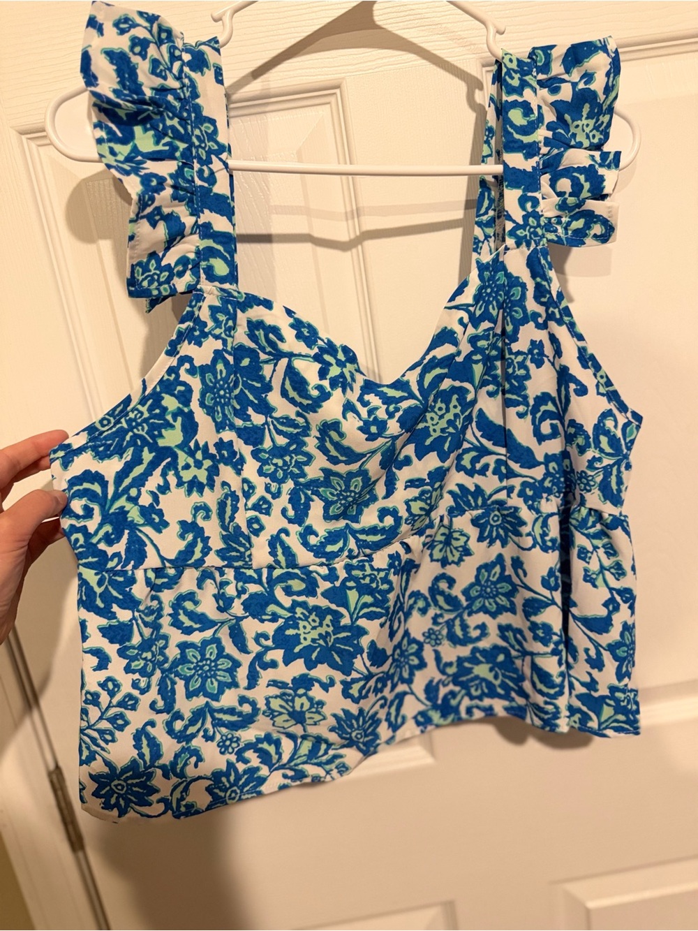 Women's Blue Floral Ruffle-Strap Crop Top